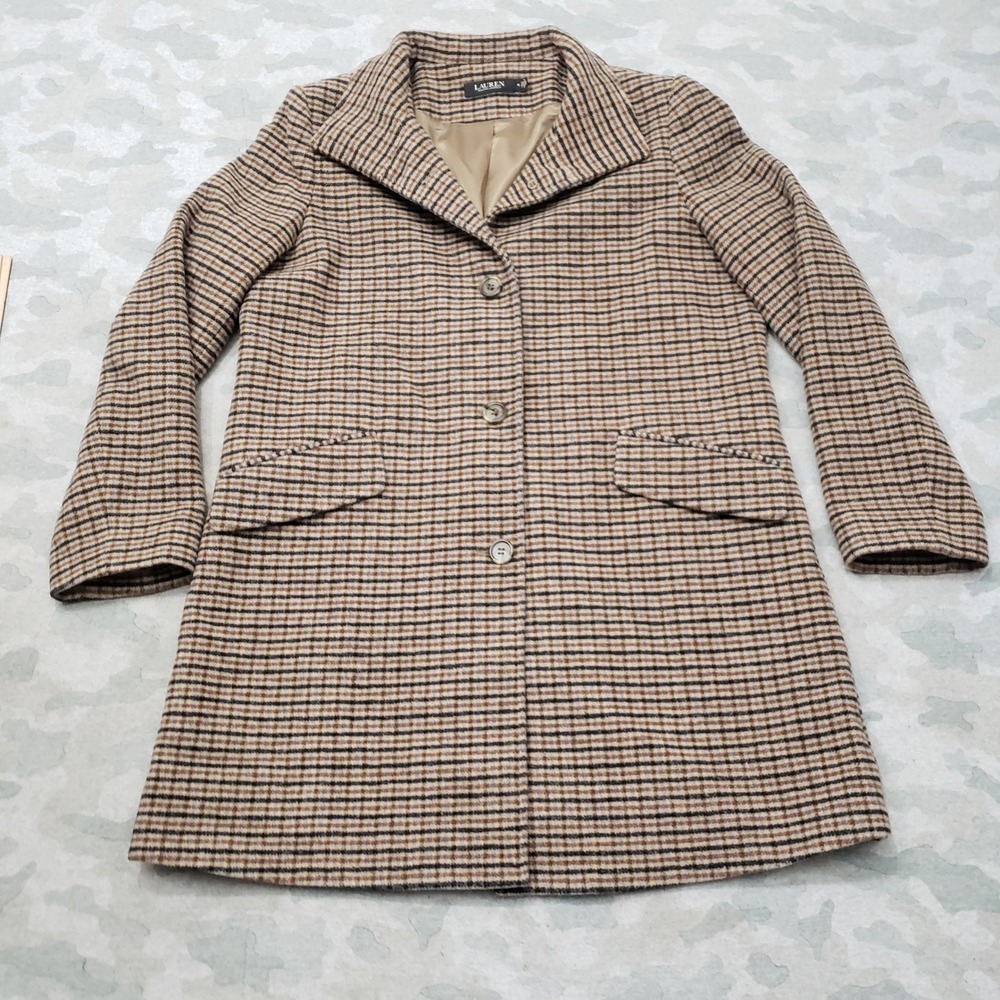 Lauren Ralph Lauren Coat Women 10 Brown Mid Length Button Houndstooth Wool Blend - Picture 1 of 8
